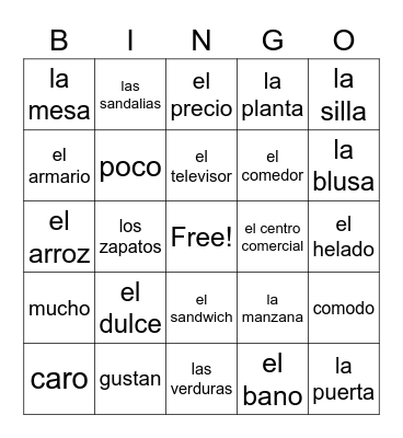Spanish 2 Lesson 7 Bingo Card