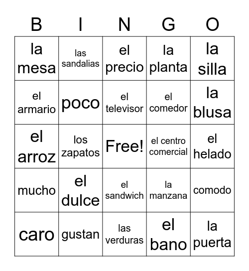 Spanish 2 Lesson 7 Bingo Card