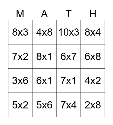 Multiplication Bingo Card