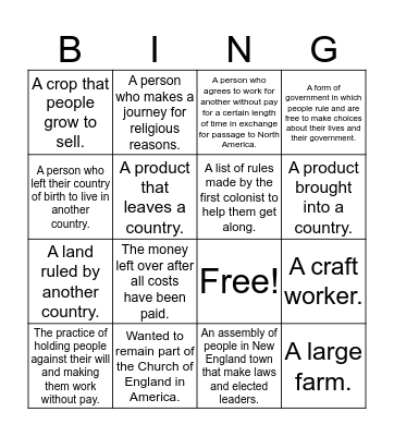 13 Colonies Vocabulary Bing  Bingo Card