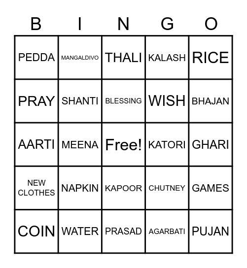 DIWALI Bingo Card