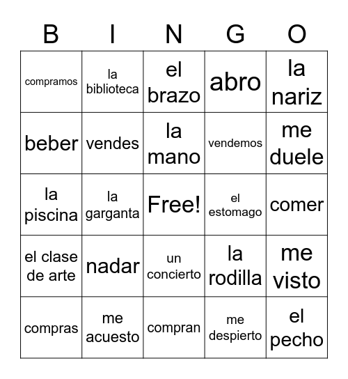 Spanish 2 Lesson 8 Bingo Card