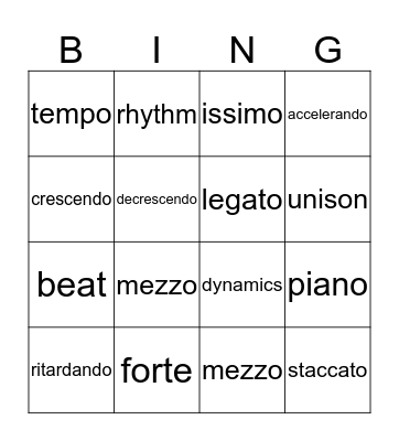 Quarter 2 Music Vocabulary Bingo Card