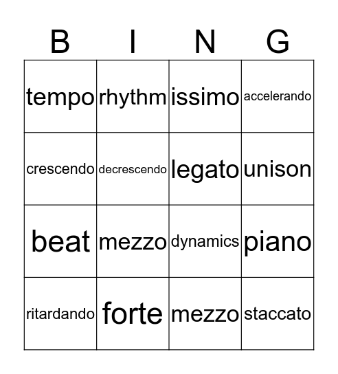 Quarter 2 Music Vocabulary Bingo Card