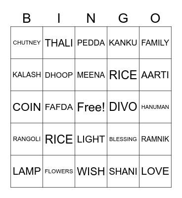 DIWALI Bingo Card