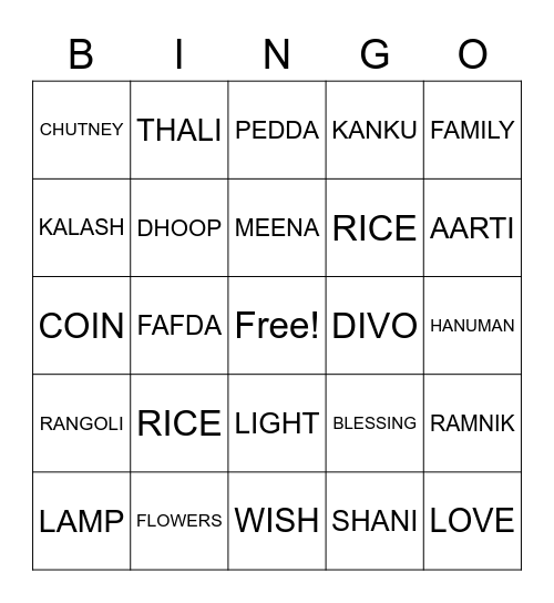 DIWALI Bingo Card