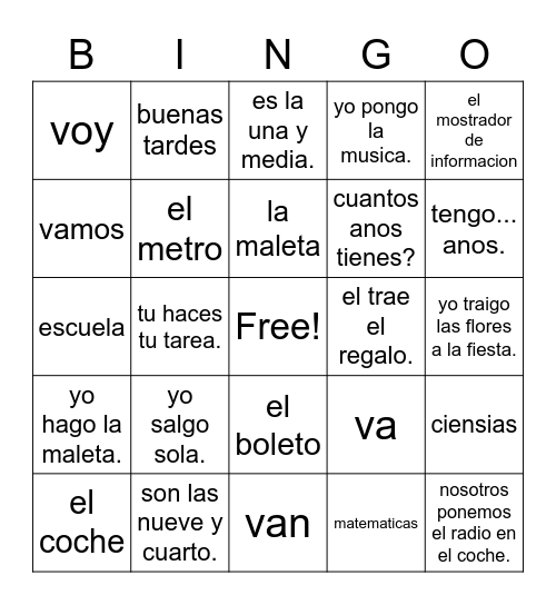 Spanish 2 Lesson 10 Bingo Card