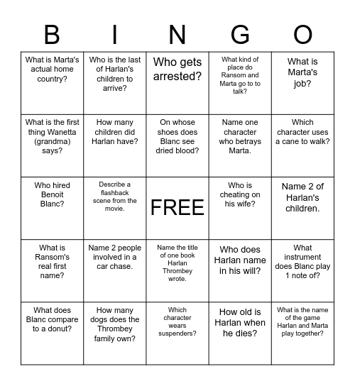 Knives Out Bingo Card