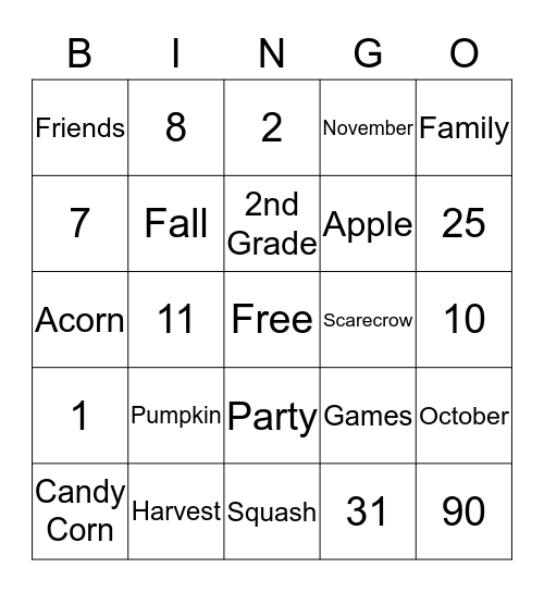 Fall Party Bingo Card