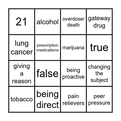 Substance Abuse Bingo Card