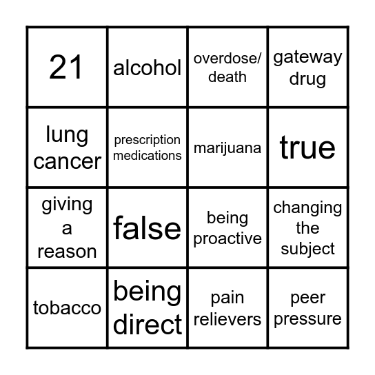 Substance Abuse Bingo Card