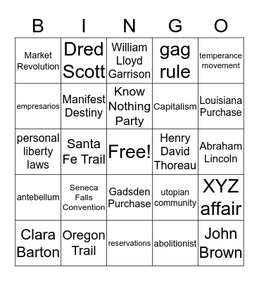 US History in the Mid 1800s Bingo Card