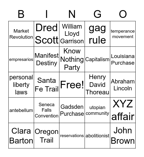 US History in the Mid 1800s Bingo Card