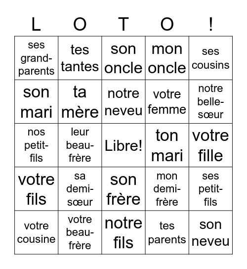 Famille/Possessif Bingo Card