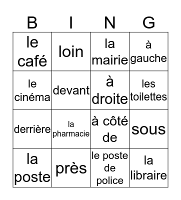 Les lieux et les prépositions Bingo Card