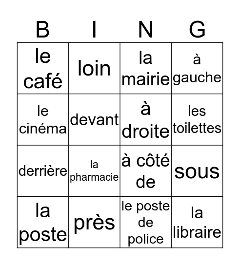 Les lieux et les prépositions Bingo Card