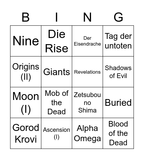Zombie solo EE Bingo Card