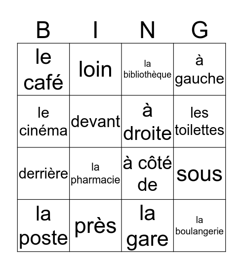 Les lieux et les prépositions Bingo Card