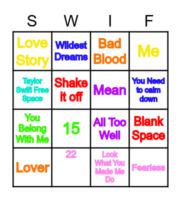 Taylor Swift Bingo Card