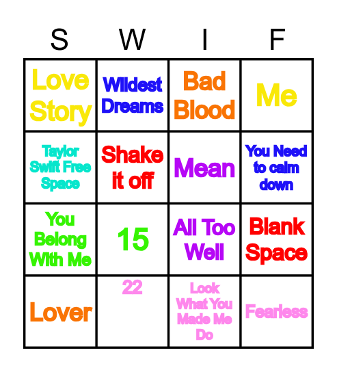 Taylor Swift Bingo Card