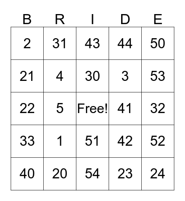 Taylor's Bridal Shower Bingo Card