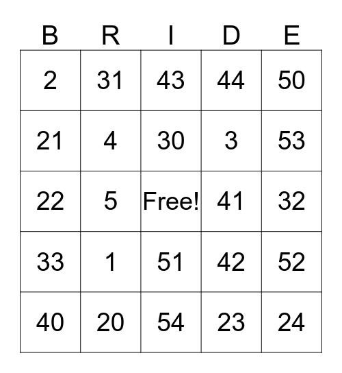 Taylor's Bridal Shower Bingo Card