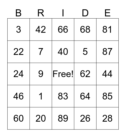 Taylor's Bridal Shower Bingo Card