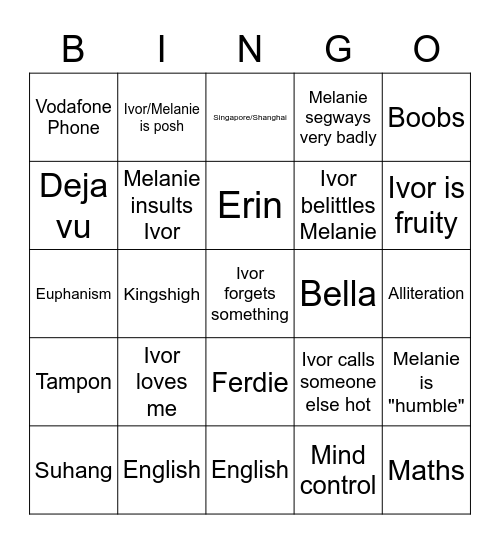 Ivor and Melanieconversation bingo Card