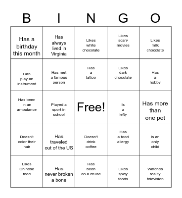 Get To Know Each Other Bingo Card