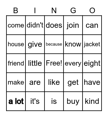 Sight Words II Bingo Card