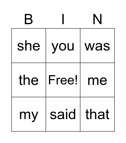 Tricky Words Bingo Card