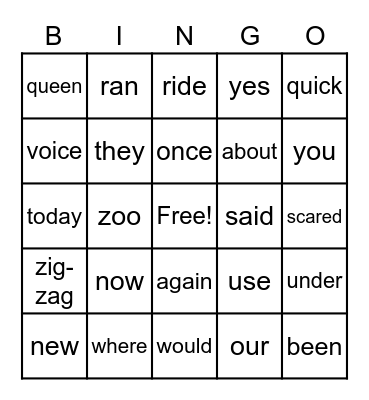 Sight Words Bingo Card