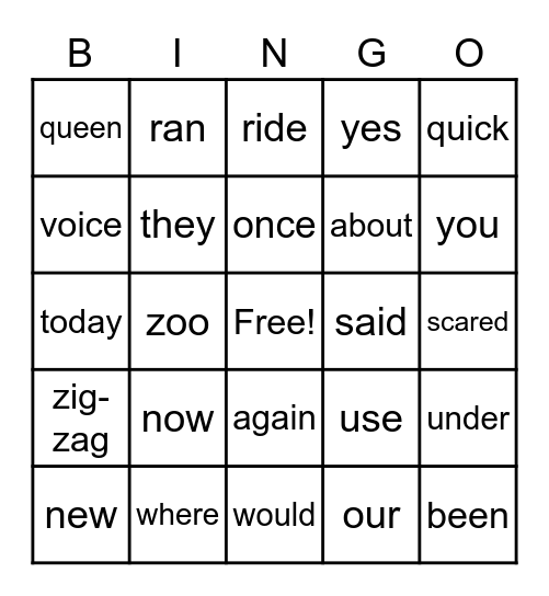 Sight Words Bingo Card