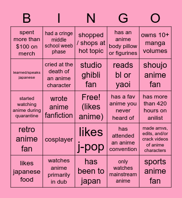 anime club bingo Card