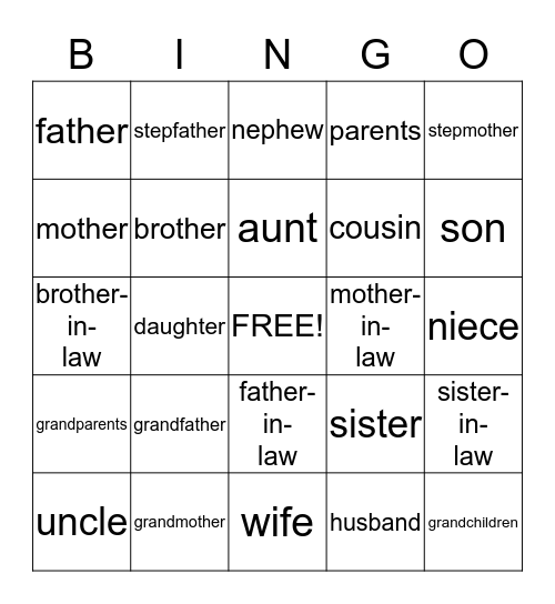 FAMILY BINGO! Bingo Card