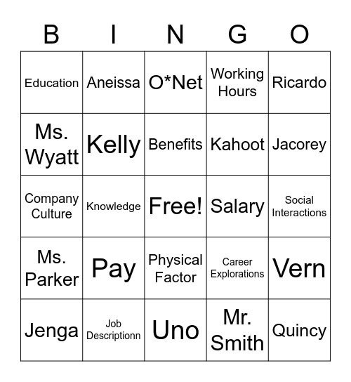 Career Explorations Bingo Card