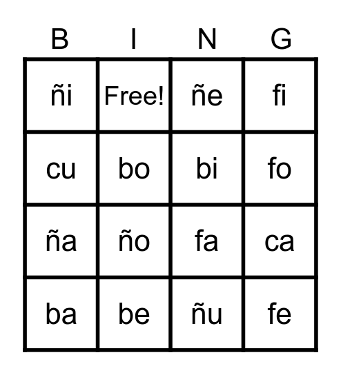 c, ñ, b, f Bingo Card