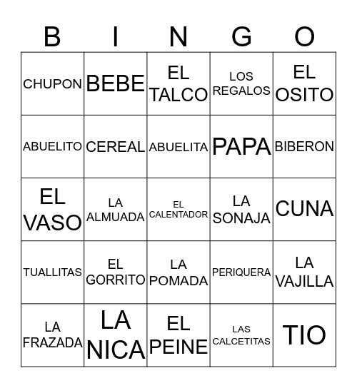 Gabriela Baby Shower Bingo Card