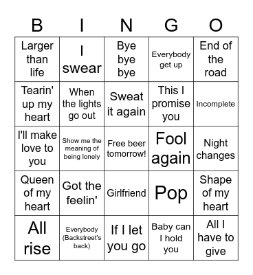 Boy Bands Bingo Card