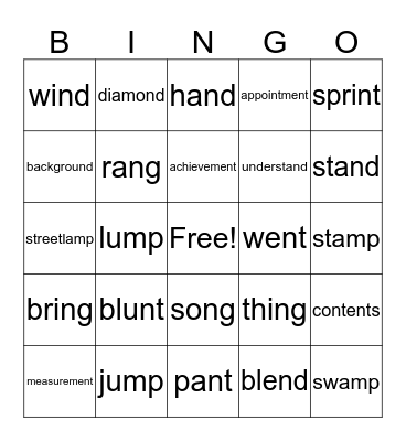Final Sounds: ‘mp’ ‘nd’, ‘ng’, and ‘nt’  Bingo Card