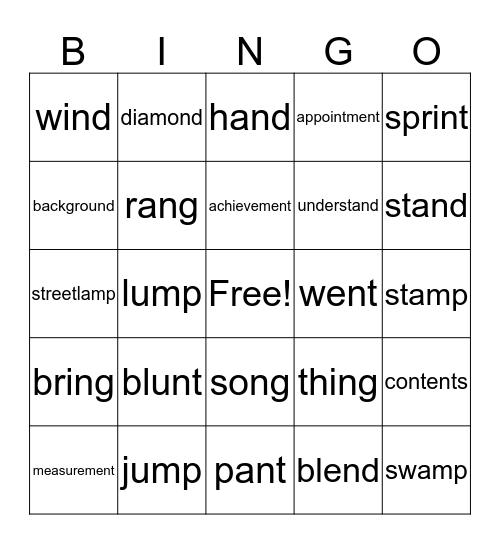 Final Sounds: ‘mp’ ‘nd’, ‘ng’, and ‘nt’  Bingo Card