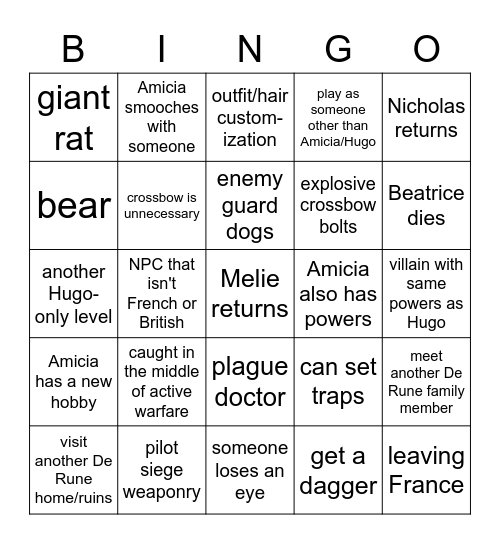 A Plague Tale: Requiem Bingo Card