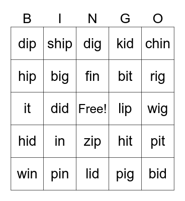 Short i BINGO card Bingo Card