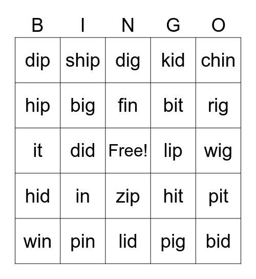 Short i BINGO card Bingo Card