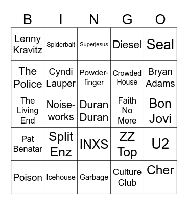 Rock N Roll 80's & 90's Bingo Card