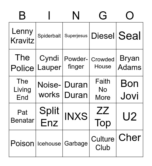 Rock N Roll 80's & 90's Bingo Card