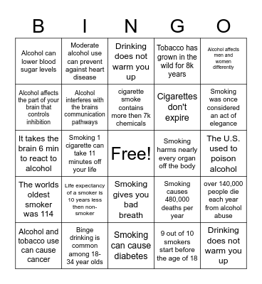 Alcohol and Tobacco Use Bingo Card