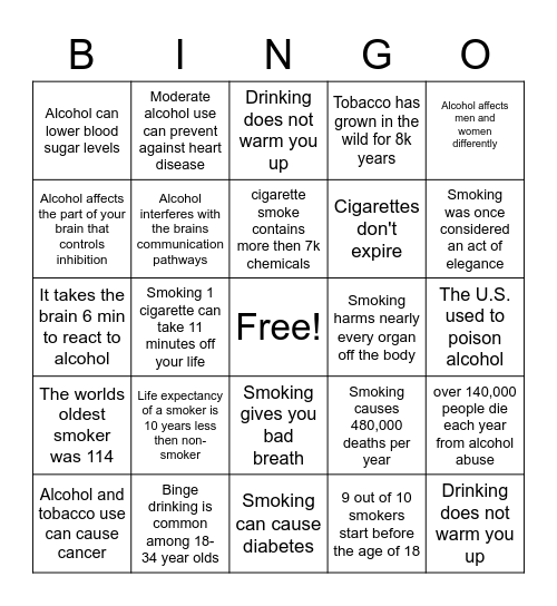 Alcohol and Tobacco Use Bingo Card