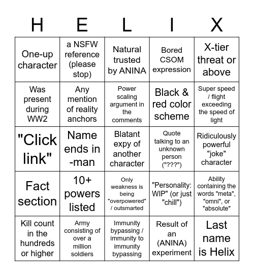 Helix Ascent Characters Bingo Card