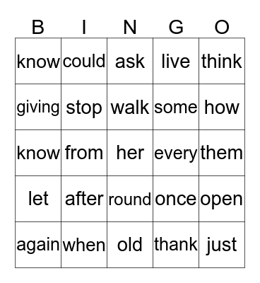 First grade Dolch Words Bingo Card